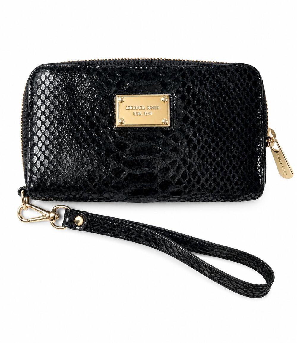Michael Kors Black Snakeskin Embossed Zip Around Wristlet Wallet